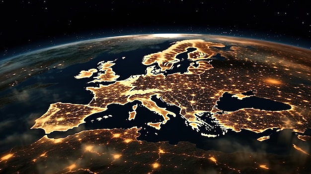 Foto un pianeta terra con l'europa di notte.
