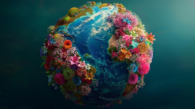 planet earth with flowers isolated on dark background