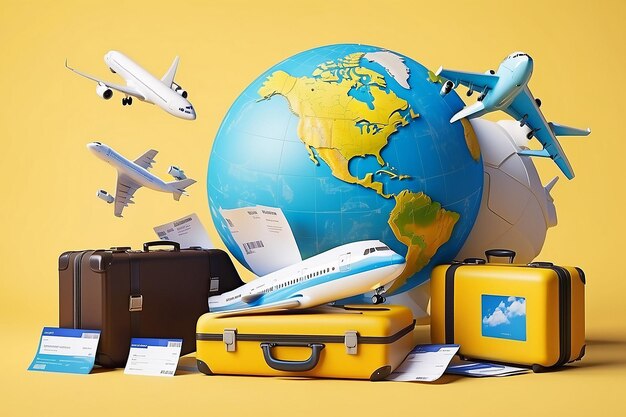 Planet earth with geotags suitcases airplane and air tickets on a yellow background the concept of airplane travel business trip travel vacation 3d rendering