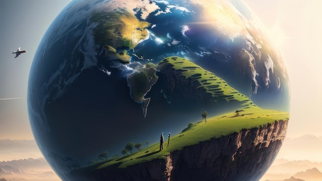 A planet earth with a green field and a person walking on it.