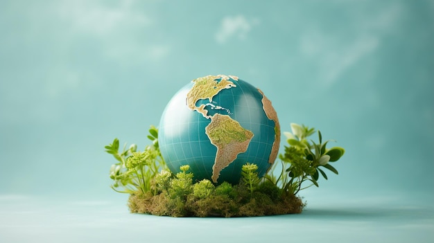 Planet earth with green leaves on blue background