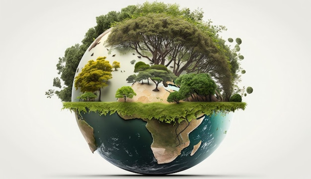 Planet earth with green tree on white background world earth day poster banner card APRIL 22 Saving the planet environment Planet Earth Generate Ai