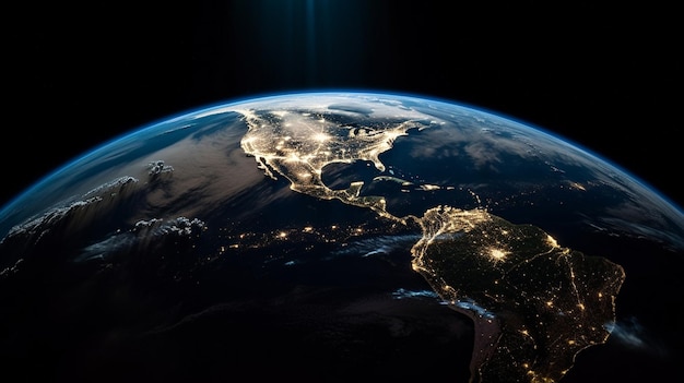 A planet earth with the lights of the world at night