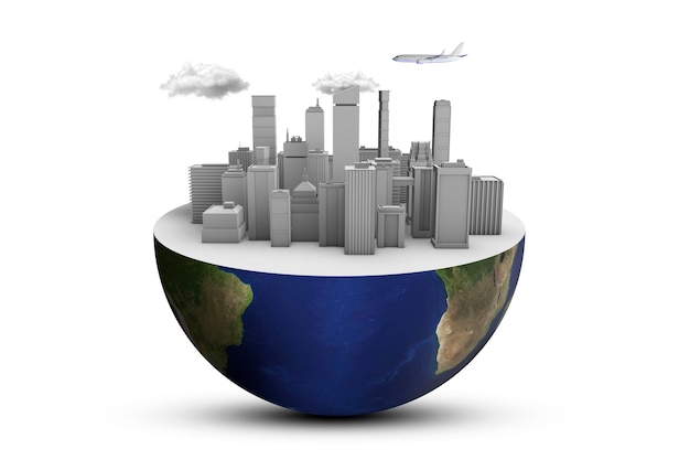 Planet earth with many skyscrapers on a white background 3D rendering