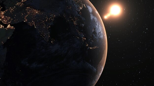 Планета Земля с реалистичной географической поверхностью и орбитальной трехмерной облачной атмосферой