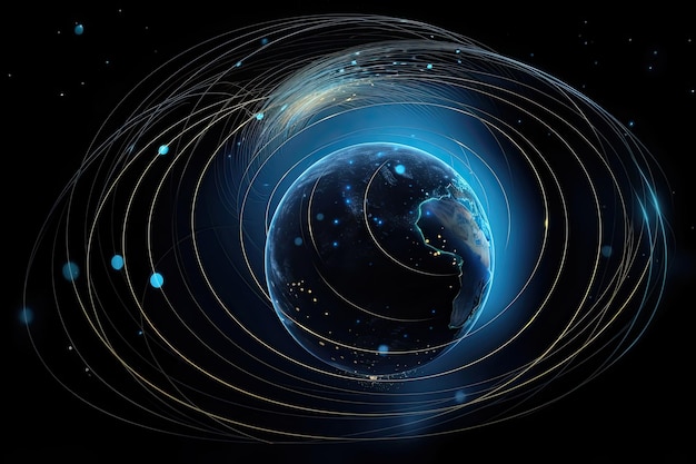 사진 인공위성이 있는 행성 지구는 행성 generative ai의 디지털 연결 라인을 중심으로 궤도를 돌고 있습니다.