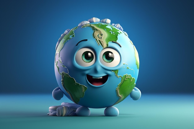 Planet earth with smiley face 3d render blue background