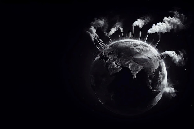 Photo planet earth with smoking chimneys on a black background ai generative