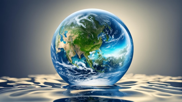 planet earth with water and a reflection of the earth