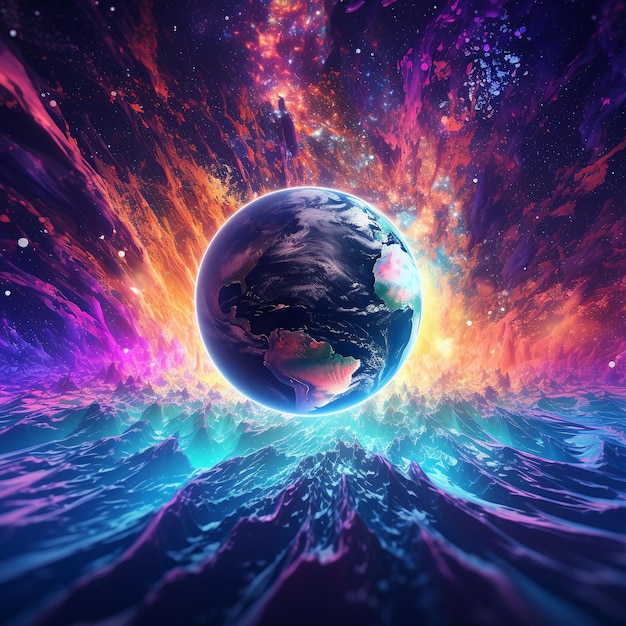 Foto pianeta sopra nebulosa incandescente su sfondo spazio colorato