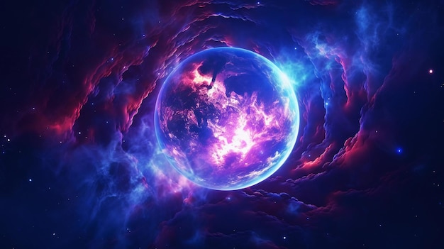 Planet over glowing nebula on colorful space background