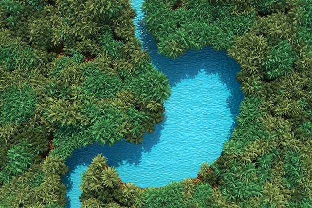 녹색 정글 숲 3d 렌더링에서 위 기관의 모양에 행성 건강 개념 블루 리버
