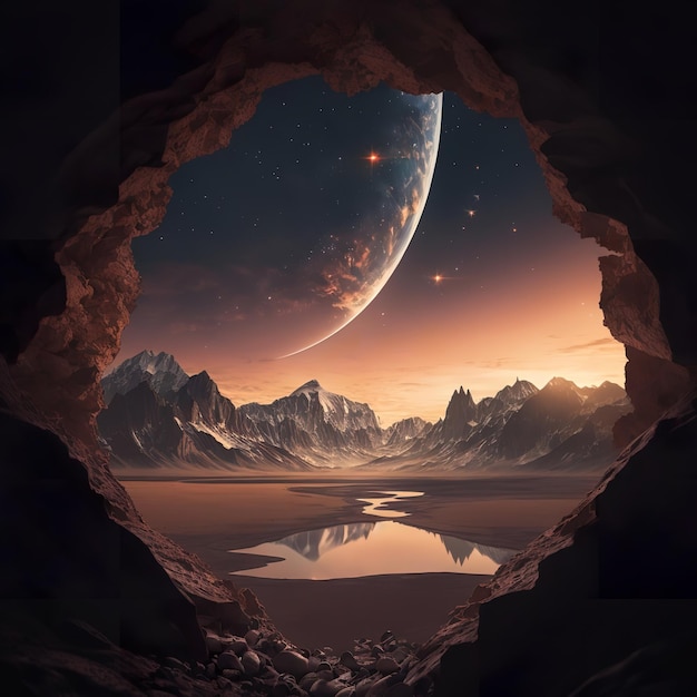 A planet in a hole with mountains in the background