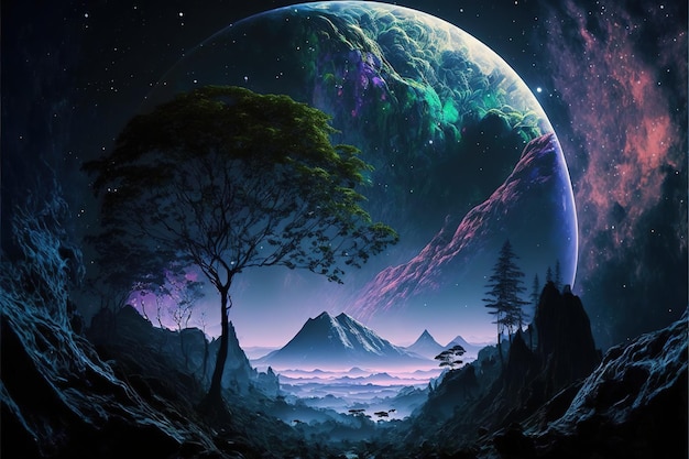 The planet is covered in lush, vibrant forests and towering mountains. sky filled with the cloud