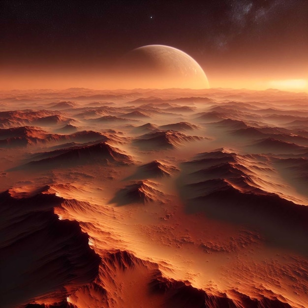 Photo a planet is rising over the ocean with a red sky in the background