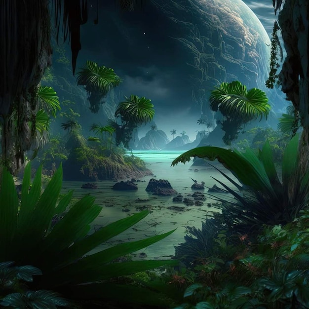 A planet in a jungle with a planet in the middle