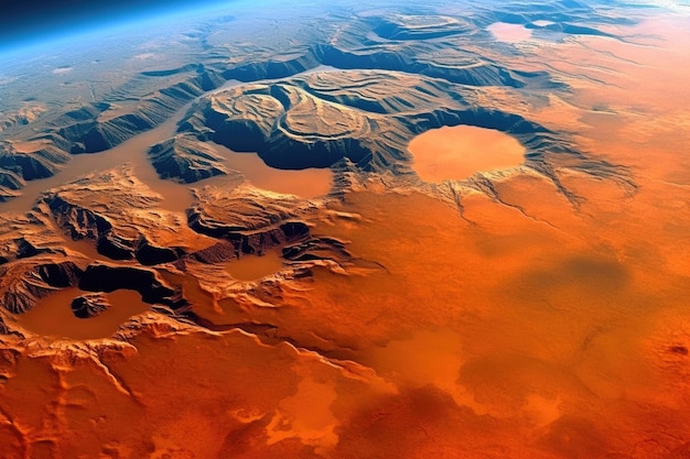 Photo planet mars rocky mountains aerial view aerial fly over martian red planet landscape space exploration concept generative ai