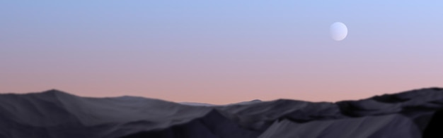 Planet over mountainous terrain with blur Landscape of stone mountains and planets 3D render