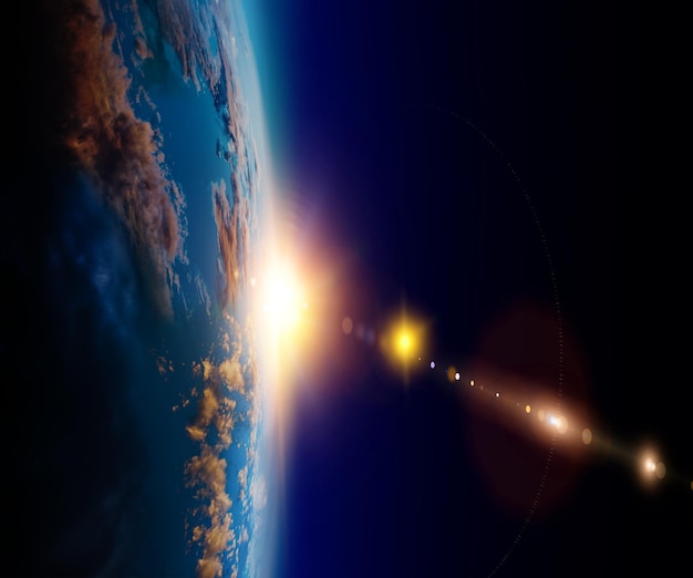 Planet orbit with sunrise and starry sky