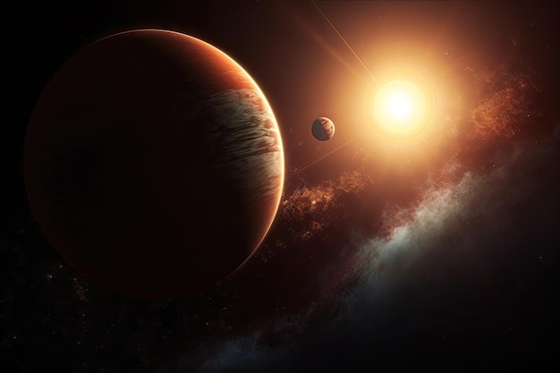 Планета на орбите двойной звездной системы со своим компаньоном на заднем плане, созданным с помощью генеративного ИИ