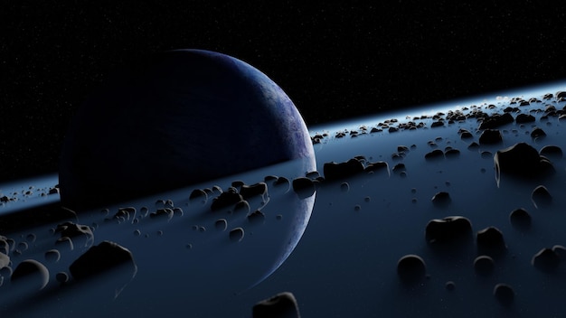 Pianeta pandora circondato cintura di asteroidi anelli relitto del pianeta distrutto protopianeta blu nello spazio cosmo nero dell'universo rendering 3d