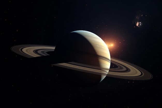 The planet saturn is seen from space with a small moon in the background.