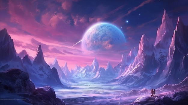 A planet in the sky with a purple background