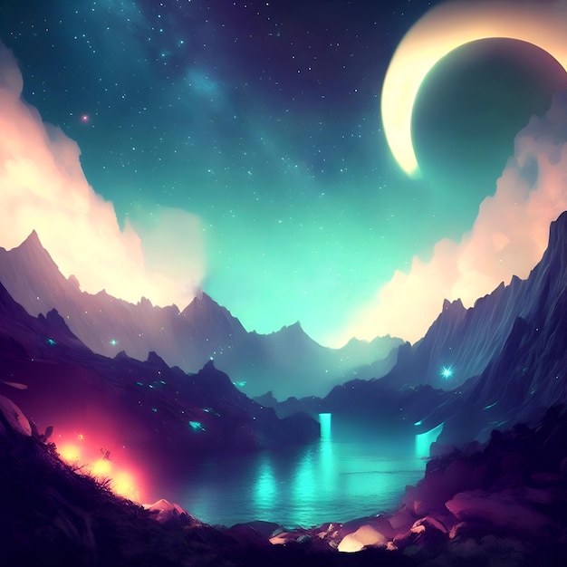 惑星宇宙自然湖と岩背景日食アート絵画