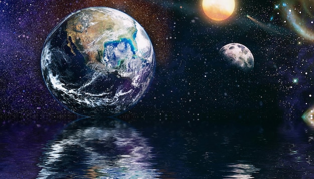 Planet in space reflected in water Beautiful unusual space Planet and Galaxy Elements of this Image Furnished by NASA