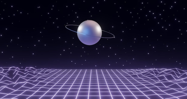 planet in space retro wireframe banner 3d render