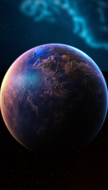 Планета в космосе с голубым фоном и розовой планетой посередине.
