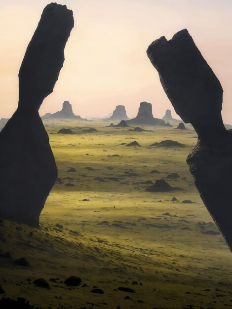 a planet in space with rocks desert with mixed plains and a film horizon with few humans