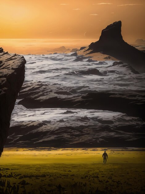 a planet in space with rocks desert with mixed plains and a film horizon with few humans