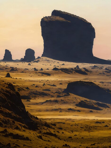 a planet in space with rocks desert with mixed plains and a film horizon with few humans