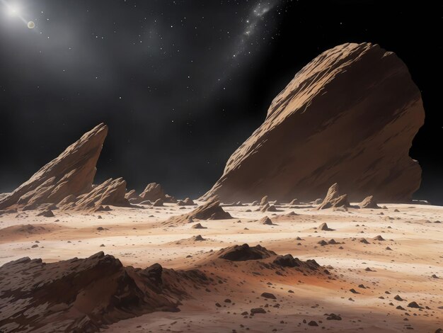 a planet in space with rocks desert with mixed plains and a film horizon with few humans