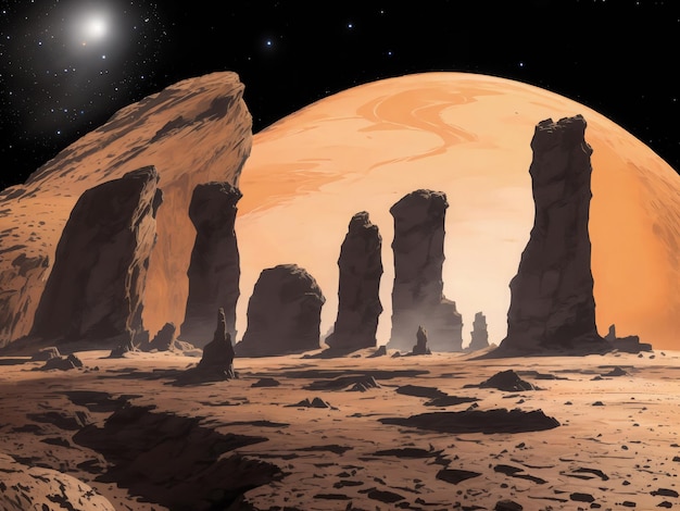 a planet in space with rocks desert with mixed plains and a film horizon with few humans