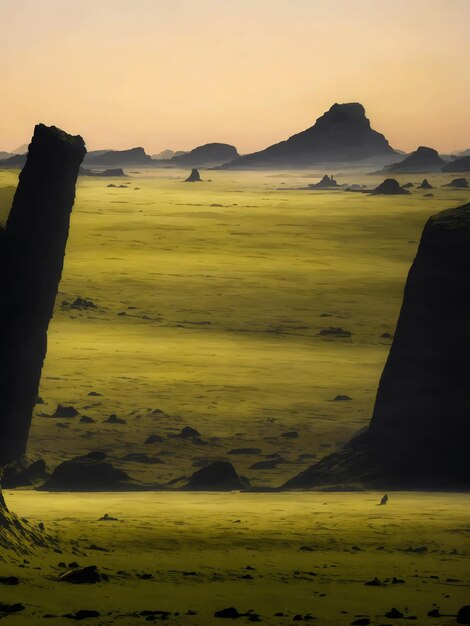 혼합 평원이 있는 암석 사막과 인간이 거의 없는 영화 지평선이 있는 우주의 행성