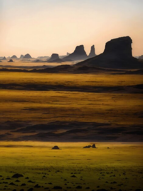 a planet in space with rocks desert with mixed plains and a film horizon with few humans