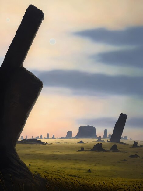 a planet in space with rocks desert with mixed plains and a film horizon with few humans