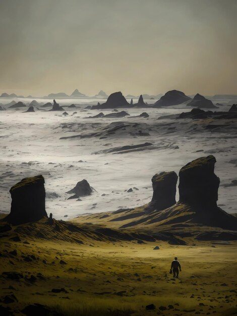 a planet in space with rocks desert with mixed plains and a film horizon with few humans