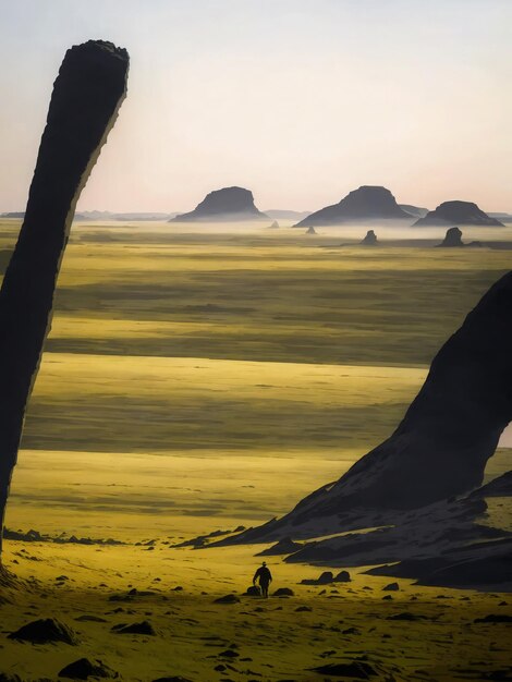 a planet in space with rocks desert with mixed plains and a film horizon with few humans