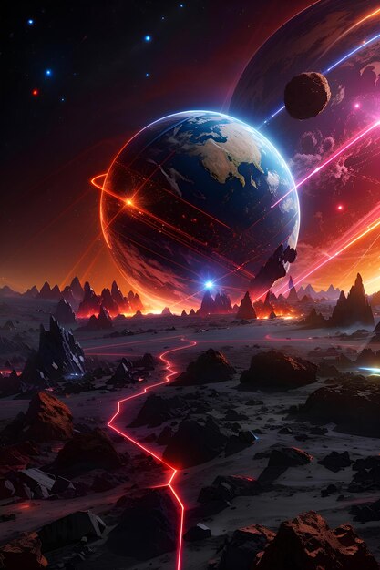 a planet that is getting destroyed by a big laser the laser is technicolor and the planet is in dar