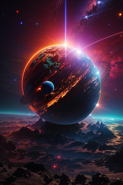 Photo a planet that is getting destroyed by a big laser the laser is technicolor and the planet is in