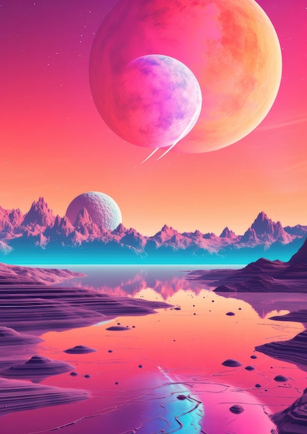 A planet in universe with other life mountains and moon in pastel colors Generative Ai