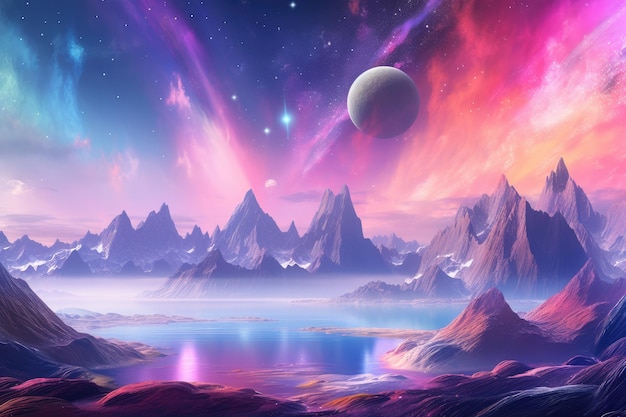 A planet in universe with other life mountains and moon in pastel colors generative ai