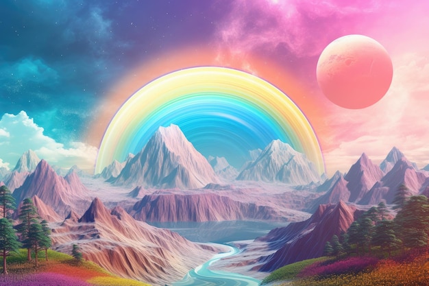 A planet in universe with other life mountains moon and rainbow in pastel colors Generative Ai