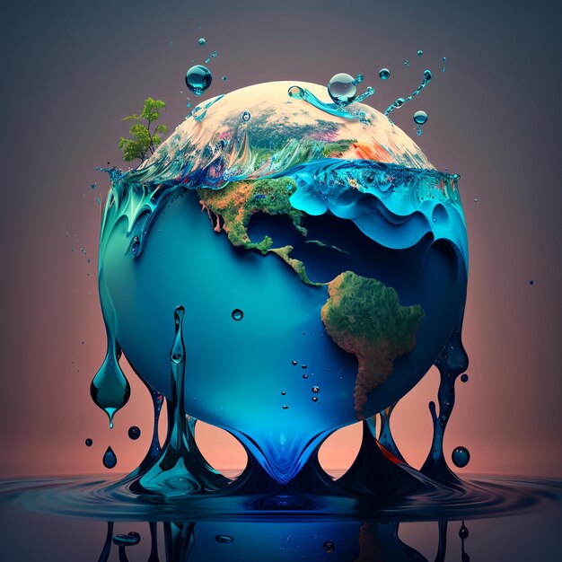 Photo planet water melting running down ecology and environment represents overheating global warming