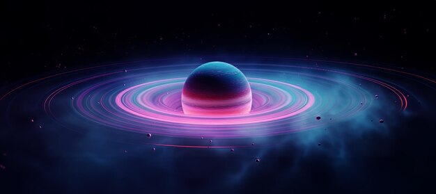 紫とピンクの光が輝く惑星が宇宙に