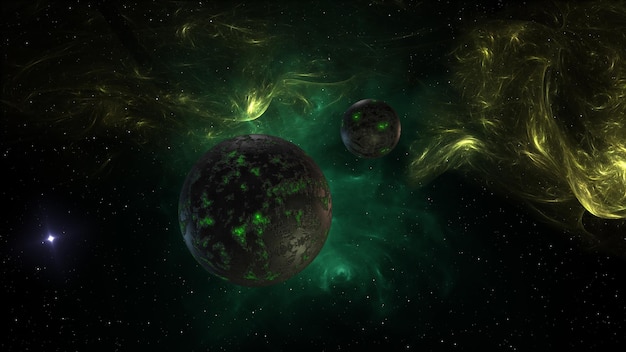 a planet with green particles and purple planet in space