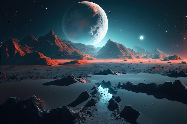 Планета с луной и горами на заднем плане Генеративный ИИ